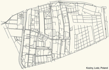 Black simple detailed street roads map on vintage beige background of the quarter Koziny district of Lodz, Poland