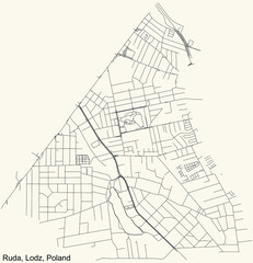 Black simple detailed street roads map on vintage beige background of the quarter Ruda district of Lodz, Poland