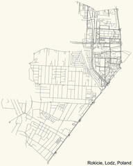 Black simple detailed street roads map on vintage beige background of the quarter Rokicie district of Lodz, Poland