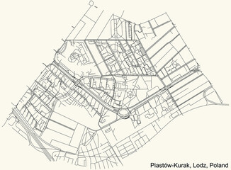 Black simple detailed street roads map on vintage beige background of the quarter Piastów-Kurak district of Lodz, Poland