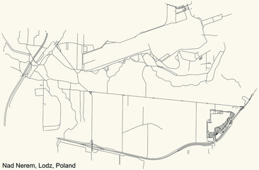 Black simple detailed street roads map on vintage beige background of the quarter Nad Nerem district of Lodz, Poland