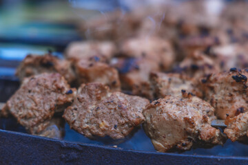 Cooking meat on coals outside. selective focus. Grilled meat background. Grilled shish kebab on the gri