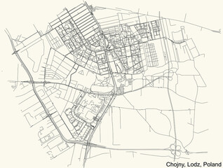 Black simple detailed street roads map on vintage beige background of the quarter Chojny district of Lodz, Poland