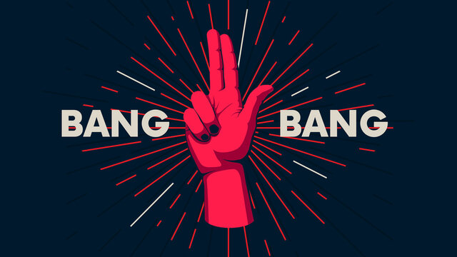 Gesture of human hand against the background of the sunburst, movement of the fingers, motivating vector poster with the slogan Bang Bang