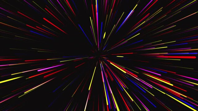 Abstract background of fast moving particles. Movement at the speed of light, light tunnel. Entering virtual reality, cyberpunk. Futuristic animation for films, presentations, intro. 4k