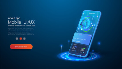 Online banking app landing page. Smart wallet concept with credit, debit card payment application. Gadget of the future Protection of bank data and personal information. Security concept. Vector