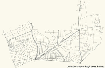 Black simple detailed street roads map on vintage beige background of the quarter Julianów-Marysin-Rogi district of Lodz, Poland