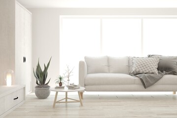 White living room with sofa. Scandinavian interior design. 3D illustration