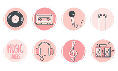 cute vector set of logo design templates, icons and badges for social media highlight with music elements	