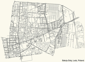 Black simple detailed street roads map on vintage beige background of the quarter Bałuty-Doły district of Lodz, Poland
