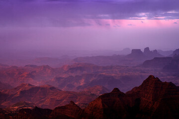 Ethiopia landscape, twilight sunset in the rock in Simien Mountains NP, Ethiopia. Big hills in...