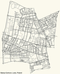 Fototapeta na wymiar Black simple detailed street roads map on vintage beige background of the quarter Bałuty-Centrum district of Lodz, Poland