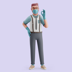 A young man with protection (mask and gloves) standing with an OK gesture. Mockup 3d character illustration