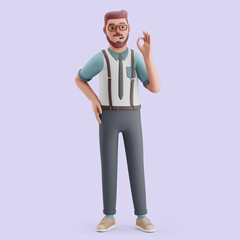 Young man standing with the OK gesture. Mockup 3d character illustration