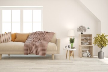 White living room with sofa. Scandinavian interior design. 3D illustration