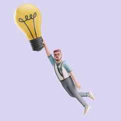 Young man flying on a giant lightbulb. Mockup 3d character illustration