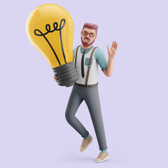 Young man holding a giant lightbulb. Mockup 3d character illustration