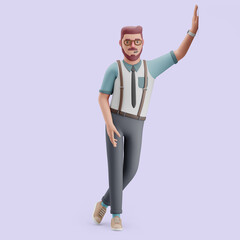 Young man leaning on a wall. Mockup 3d character illustration