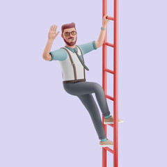 Young man climbing the ladder. Mockup 3d character illustration