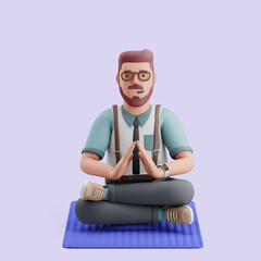 Young man does yoga on a mat. Mockup 3d character illustration