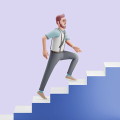 Young man is climbing the stairs. Mockup 3d character illustration