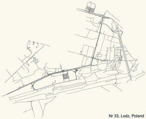 Black simple detailed street roads map on vintage beige background of the quarter Osiedle nr 33 district of Lodz, Poland