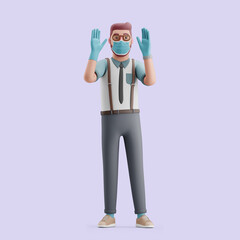 Young man with mask and gloves on. Mockup 3d character illustration
