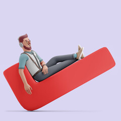 Young man relaxing on giant red checkbox after the job is done. Mockup 3d character illustration