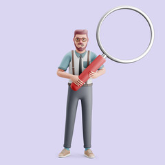 Young man holding a giant magnifier glass. Mockup 3d character illustration
