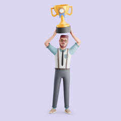 Young man celebrating a victory with winner trophy.  Mockup 3d character illustration