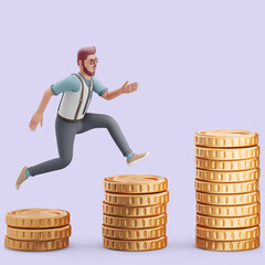 Young man jumping on a pile of giant gold coins. Mockup 3d character illustration