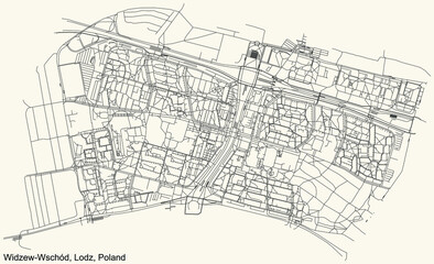 Fototapeta na wymiar Black simple detailed street roads map on vintage beige background of the quarter Widzew-Wschód district of Lodz, Poland