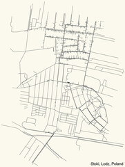 Black simple detailed street roads map on vintage beige background of the quarter Stoki district of Lodz, Poland