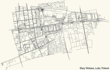Black simple detailed street roads map on vintage beige background of the quarter Stary Widzew district of Lodz, Poland