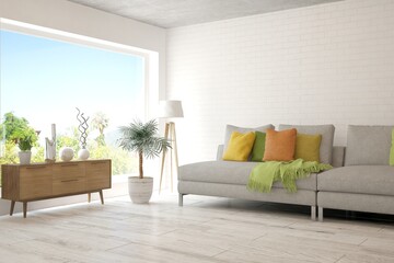 White living room with sofa and summer landscape in window. Scandinavian interior design. 3D illustration
