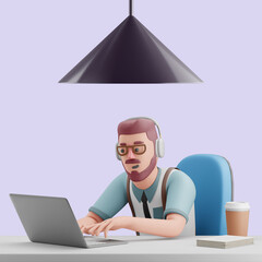Young man working on laptop. Mockup 3d character illustration