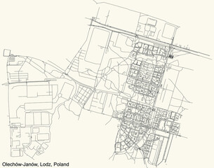 Fototapeta na wymiar Black simple detailed street roads map on vintage beige background of the quarter Olechów-Janów district of Lodz, Poland