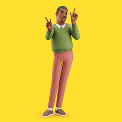 Cheerful young African man stands in a joyful pose. Mockup 3d character illustration
