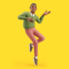 Cheerful young African man showing something. Mockup 3d character illustration