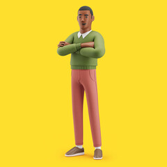 Cheerful young African man standing confidently. Mockup 3d character illustration