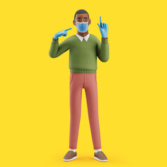 Cheerful young African man with mask and gloves pointing on his protection versus coronavirus. Mockup 3d character illustration