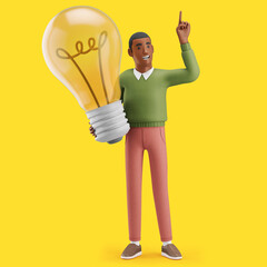 Cheerful young African man holding a giant lightbulb with an "IDEA" gesture. Mockup 3d character illustration
