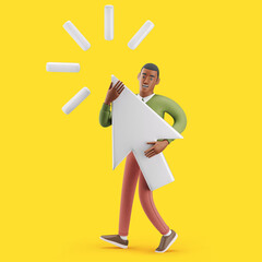 Cheerful young African man holding a giant web cursor. Mockup 3d character illustration