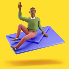 Cheerful young African man flying on a giant email envelope. Mockup 3d character illustration