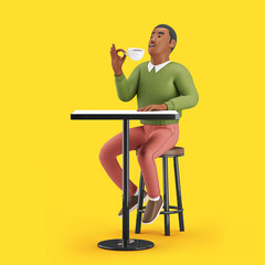 Cheerful young African man a man at a table in a cafe enjoying a coffee. Mockup 3d character illustration