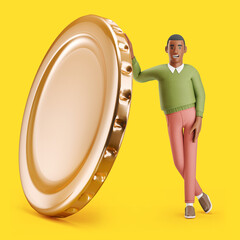 Cheerful young African man leaning on a giant coin. Mockup 3d character illustration