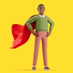 Cheerful young African man standing in a superhero pose with a red cape. Mockup 3d character illustration