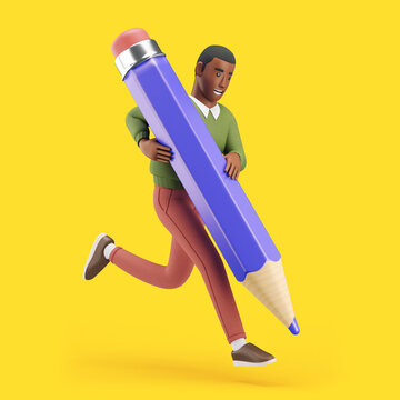 Cheerful young African man drawing with a giant pencil. Mockup 3d character illustration