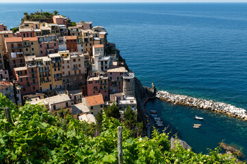 Manarola, Liguria, Italy. June 2020. Amazing view of the seaside village. The colored houses leaning on the rock near the sea are particularly fascinating and characteristic. Beautiful summer day.