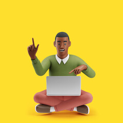 Cheerful young African man in a yoga pose working on a laptop. Mockup 3d character illustration